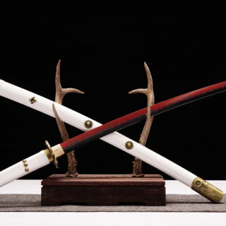 ame no habakiri replica with white scabbard and gold floral crests